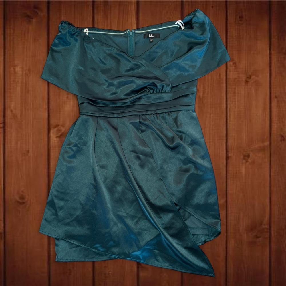 Lulus Emerald Green Satin Off Shoulder Mini Dress Size L Formal Party